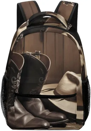 Stylish Backpack, Cowboy Black Hat Western Boots Print Durable Backpack Travel Backpack Hiking Backpack Ergonomic Backpack Comfortable Backpack