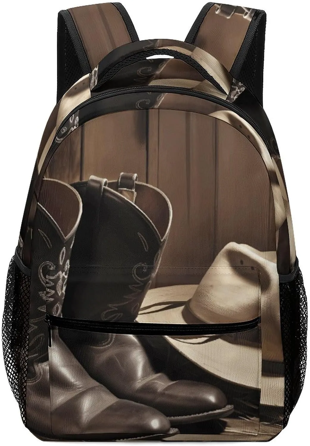 Stylish Backpack, Cowboy Black Hat Western Boots Print Durable Backpack Travel Backpack Hiking Backpack Ergonomic Backpack Comfortable Backpack