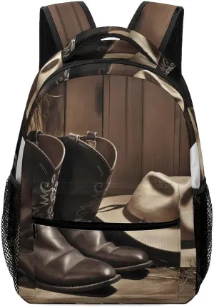 Stylish Backpack, Cowboy Black Hat Western Boots Print Durable Backpack Travel Backpack Hiking Backpack Ergonomic Backpack Comfortable Backpack