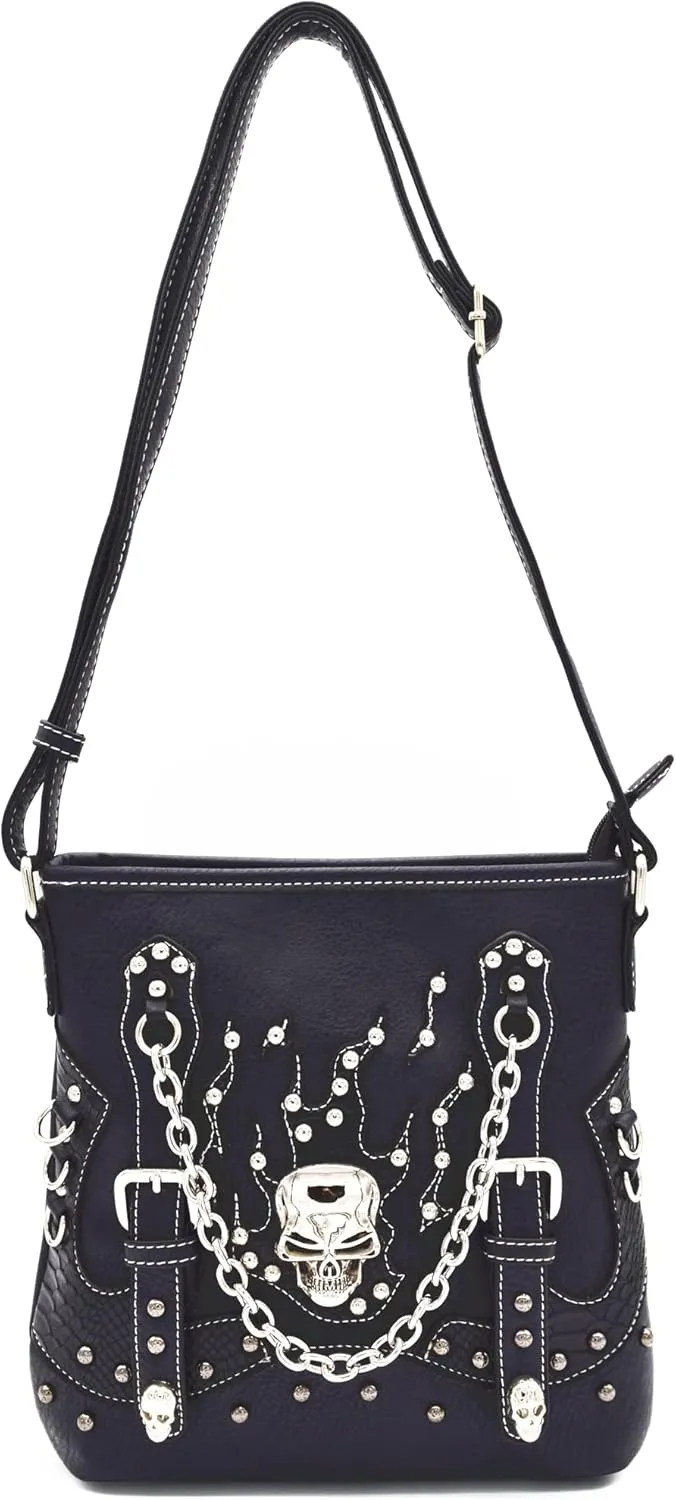 Sugar Skull Day of the Dead Cross Bone Rock Metallic Purse Skeleton Leather Purse Women Crossbody Handbag Shoulder Bag