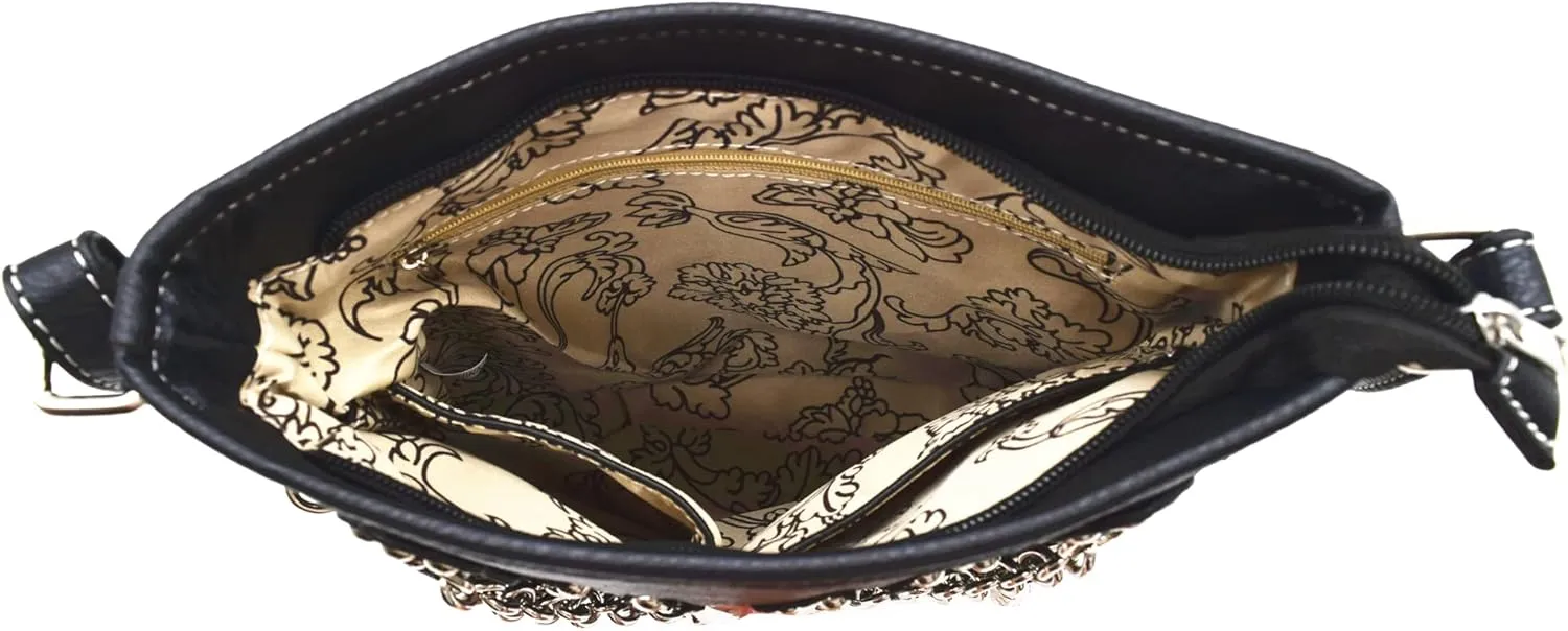 Sugar Skull Day of the Dead Cross Bone Rock Metallic Purse Skeleton Leather Purse Women Crossbody Handbag Shoulder Bag