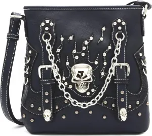 Sugar Skull Day of the Dead Cross Bone Rock Metallic Purse Skeleton Leather Purse Women Crossbody Handbag Shoulder Bag