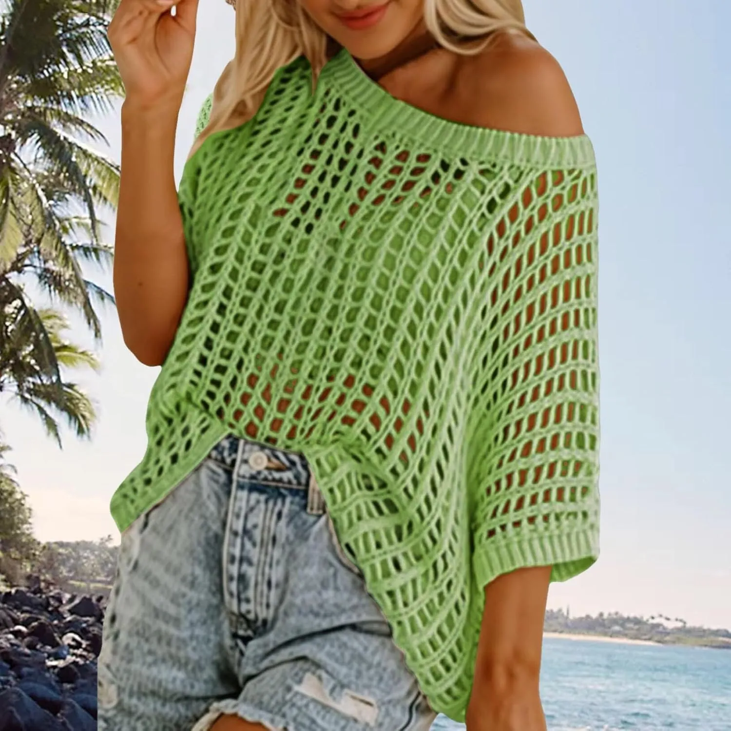Summer Crochet Tops for Women Loose Off The Shoulder Shirts Hollow Out Knit Short Sleeve Sweater Top Beach Coverup