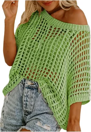 Summer Crochet Tops for Women Loose Off The Shoulder Shirts Hollow Out Knit Short Sleeve Sweater Top Beach Coverup