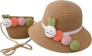 Summer Straw Hat Bag Set Woven Wide Brim Sun Beach Hats with Shoulder Bag Outdoor Outfit Set for Toddler Girl Sun