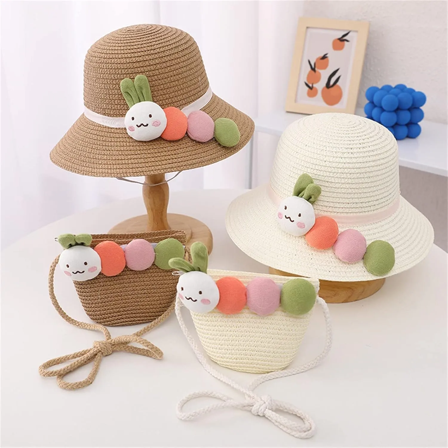 Summer Straw Hat Bag Set Woven Wide Brim Sun Beach Hats with Shoulder Bag Outdoor Outfit Set for Toddler Girl Sun