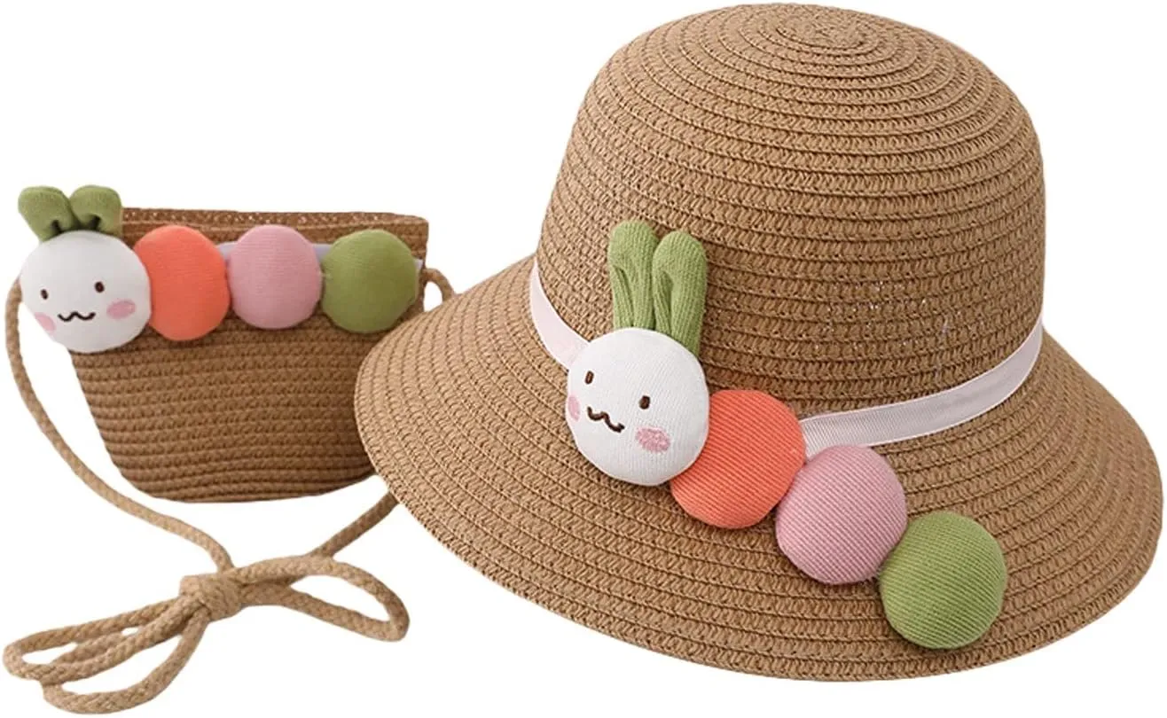 Summer Straw Hat Bag Set Woven Wide Brim Sun Beach Hats with Shoulder Bag Outdoor Outfit Set for Toddler Girl Sun