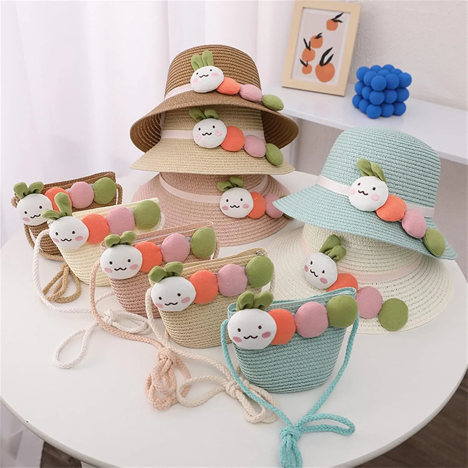 Summer Straw Hat Bag Set Woven Wide Brim Sun Beach Hats with Shoulder Bag Outdoor Outfit Set for Toddler Girl Sun
