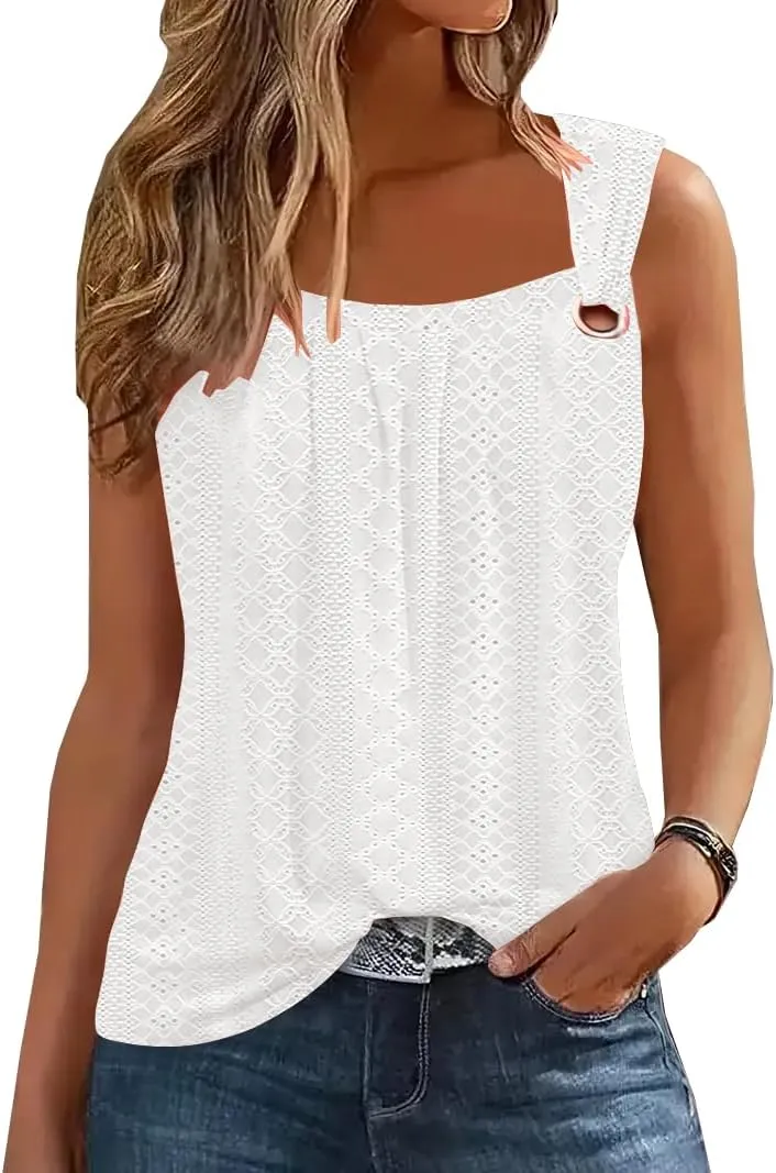 Summer Tank Tops for Women Pleated Square Neck O Ring Shoulder Sleeveless Shirts Casual Loose Fit Trendy Blouses