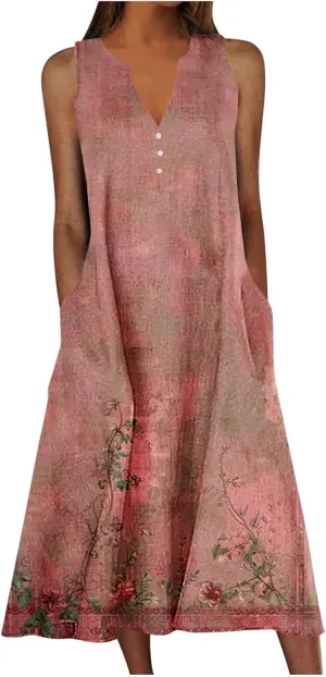 Sun Dresses for Women 2025 Summer Vacation V-Neck Tank Sundress Casual Sleeveless Flowy Mini Dress with Pockets