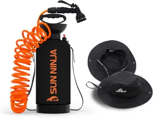SUN NINJA Portable Shower and Bucket Hat Bundle with Multi-Spray Shower Head, Neoprene Cover, UPF 50  Reversible Sun Hat, Shoulder Strap - Outdoor Camping, Beach, Hiking & Sun Protection