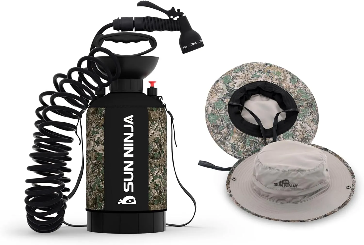 SUN NINJA Portable Shower and Bucket Hat Bundle with Multi-Spray Shower Head, Neoprene Cover, UPF 50  Reversible Sun Hat, Shoulder Strap - Outdoor Camping, Beach, Hiking & Sun Protection