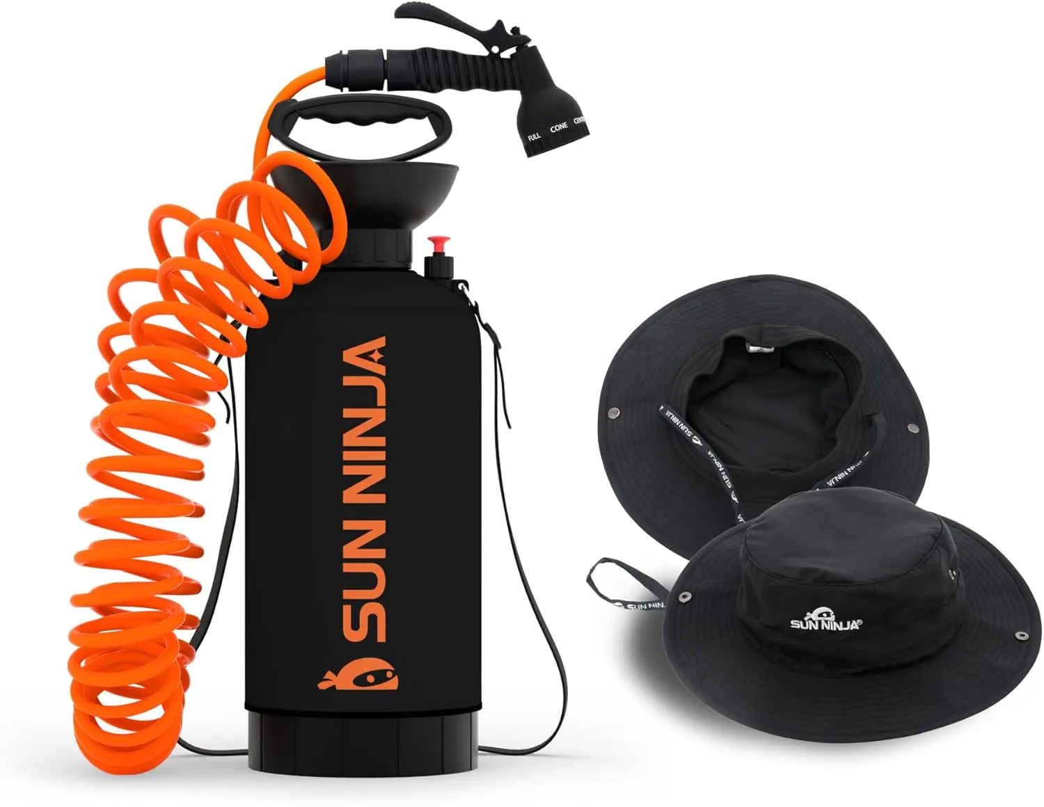 SUN NINJA Portable Shower and Bucket Hat Bundle with Multi-Spray Shower Head, Neoprene Cover, UPF 50  Reversible Sun Hat, Shoulder Strap - Outdoor Camping, Beach, Hiking & Sun Protection