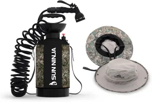 SUN NINJA Portable Shower and Bucket Hat Bundle with Multi-Spray Shower Head, Neoprene Cover, UPF 50  Reversible Sun Hat, Shoulder Strap - Outdoor Camping, Beach, Hiking & Sun Protection