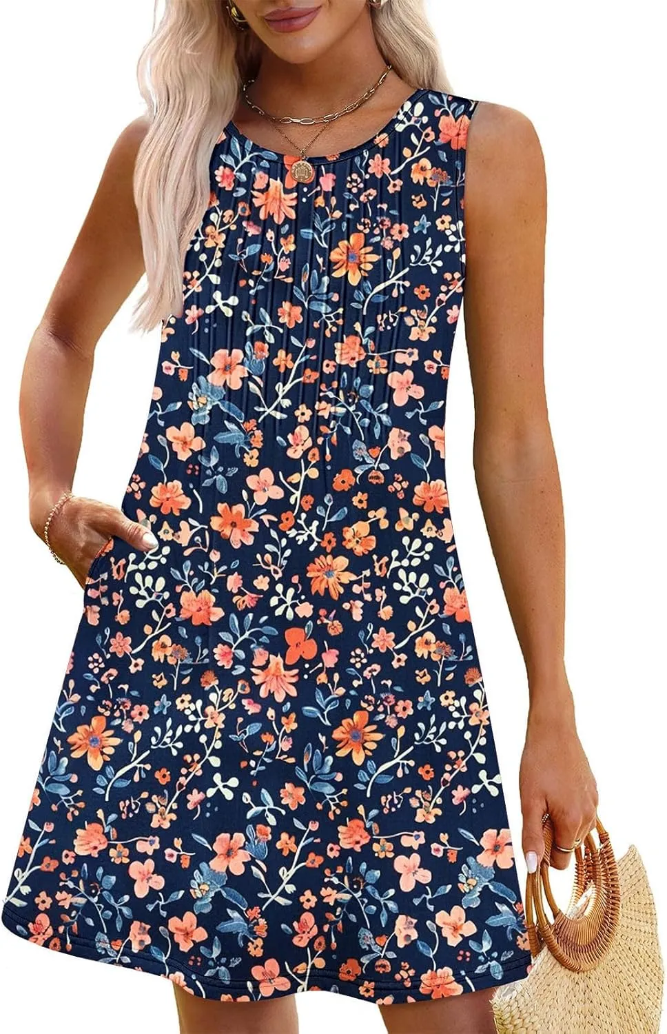 Sundresses for Women Casual Sleeveless Floral Ruched Front Dresses A-Line Beach Festival Dress with Pockets