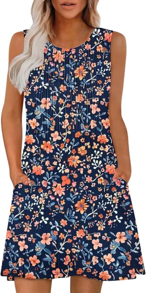 Sundresses for Women Casual Sleeveless Floral Ruched Front Dresses A-Line Beach Festival Dress with Pockets