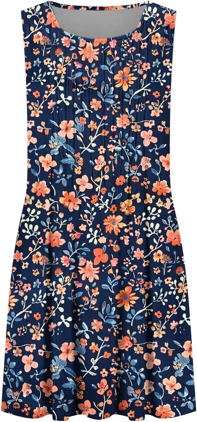 Sundresses for Women Casual Sleeveless Floral Ruched Front Dresses A-Line Beach Festival Dress with Pockets