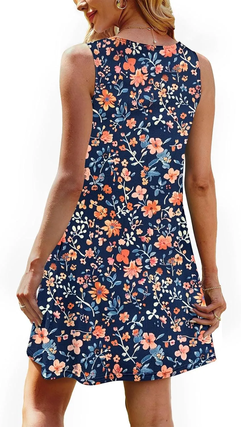 Sundresses for Women Casual Sleeveless Floral Ruched Front Dresses A-Line Beach Festival Dress with Pockets