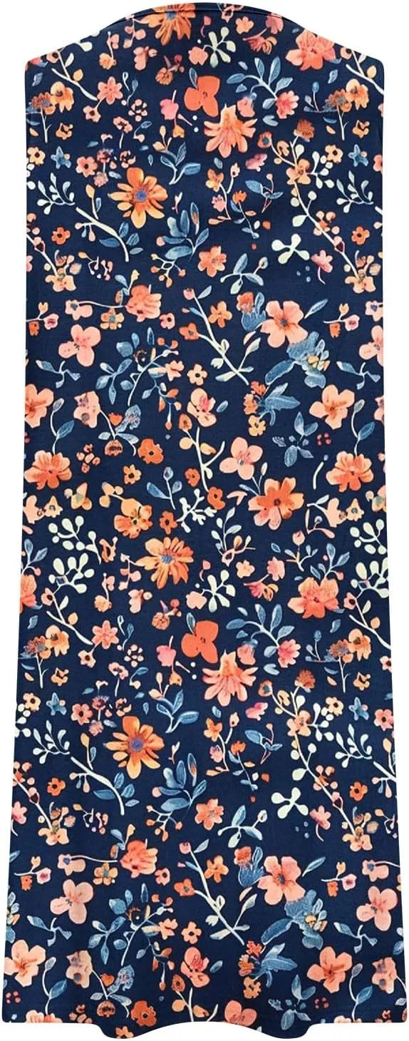 Sundresses for Women Casual Sleeveless Floral Ruched Front Dresses A-Line Beach Festival Dress with Pockets