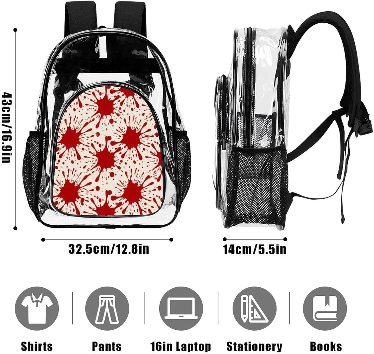 Supdreamc Lightweight Backpack for Gym Travel Bicycle - Big Capacity Multipurpose Transparent Carry On Bag, Splatter Red Blood Art Travel Hiking Bag & Day Pack