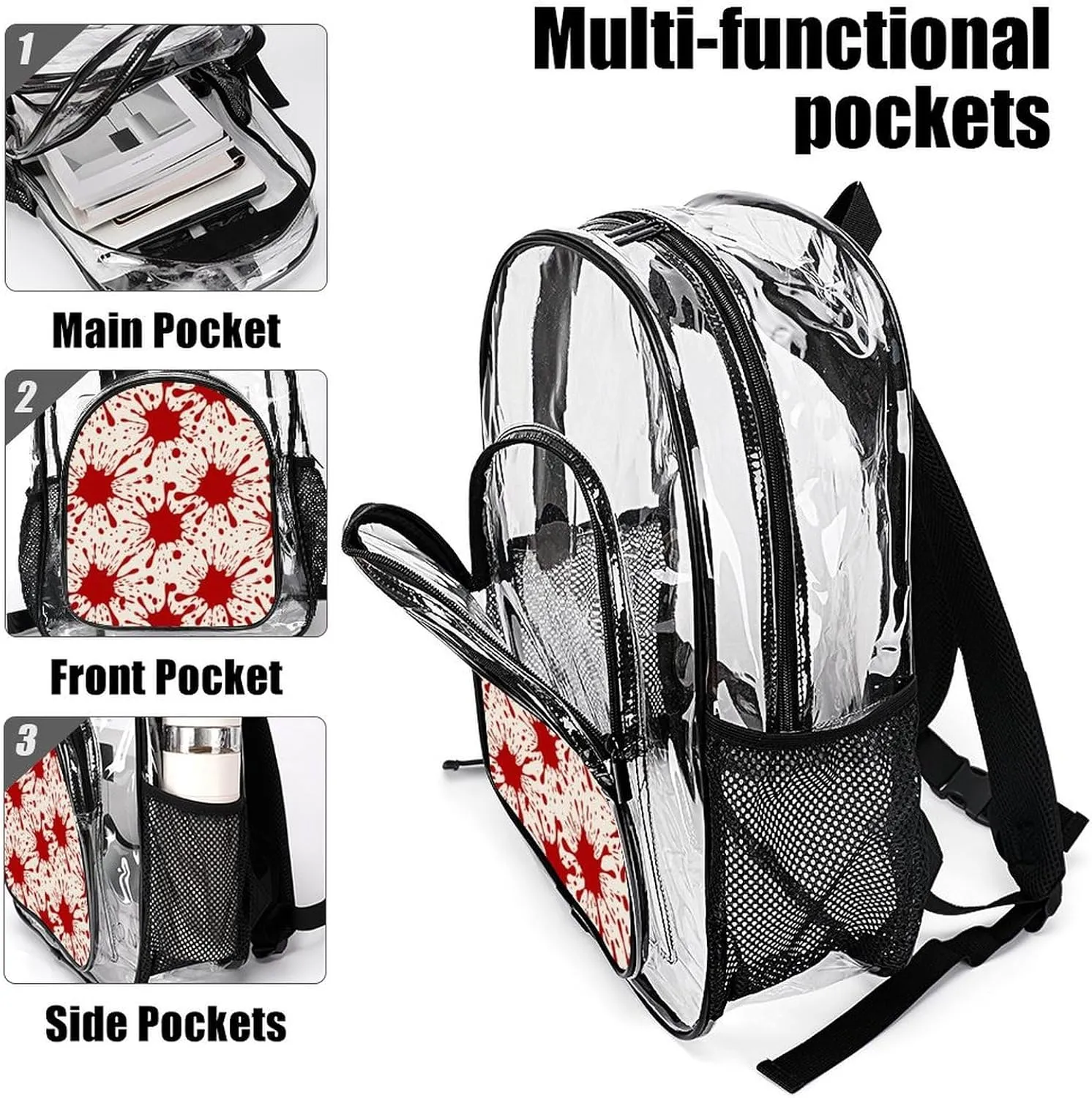 Supdreamc Lightweight Backpack for Gym Travel Bicycle - Big Capacity Multipurpose Transparent Carry On Bag, Splatter Red Blood Art Travel Hiking Bag & Day Pack