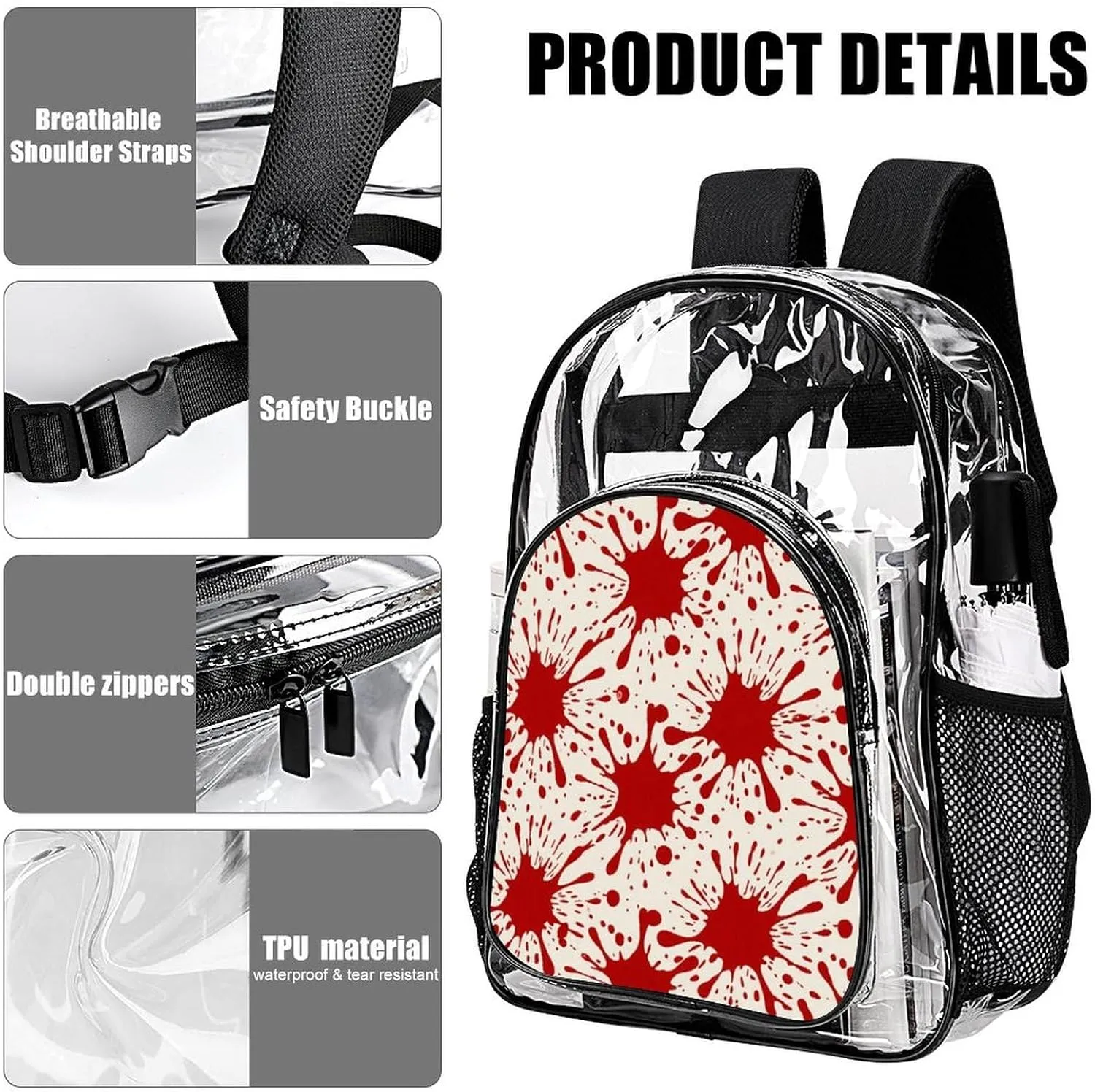 Supdreamc Lightweight Backpack for Gym Travel Bicycle - Big Capacity Multipurpose Transparent Carry On Bag, Splatter Red Blood Art Travel Hiking Bag & Day Pack