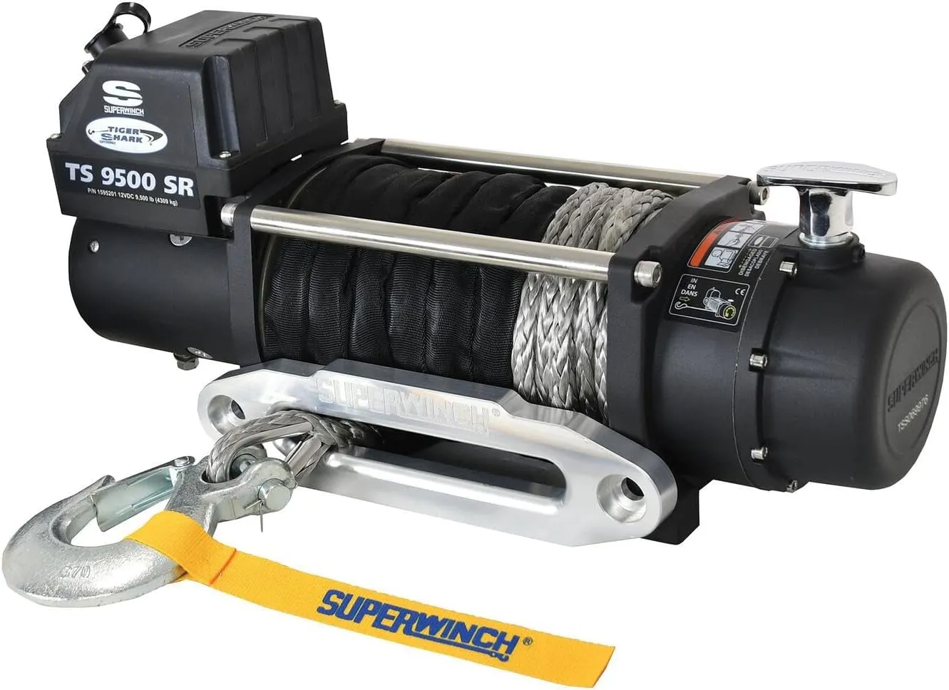 Superwinch 1595201 Tiger Shark 9500SR 12V DC Winch 9,500lb(4,309kg) Single Line Pull with Hawse Fairlead 3/8" x 80' Synthetic Rope Corded Handheld Remote