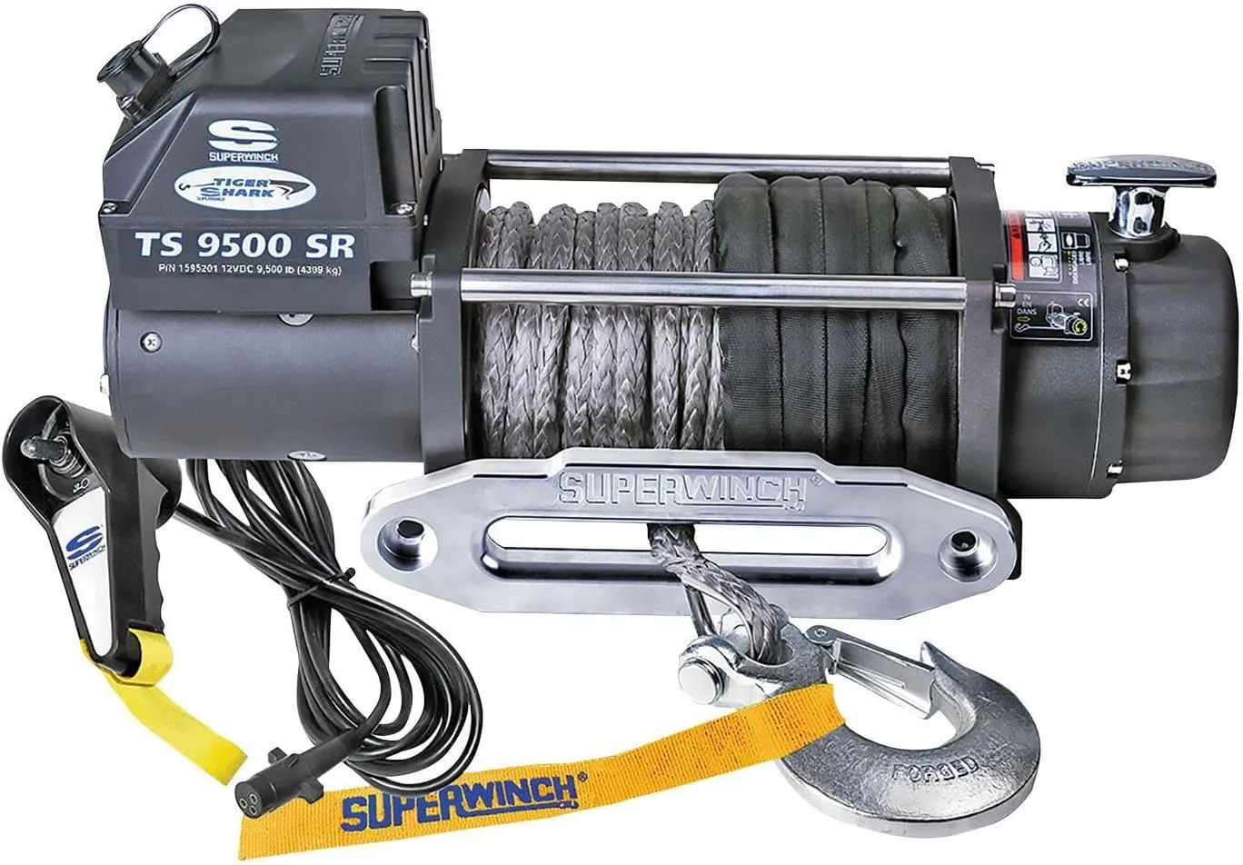 Superwinch 1595201 Tiger Shark 9500SR 12V DC Winch 9,500lb(4,309kg) Single Line Pull with Hawse Fairlead 3/8" x 80' Synthetic Rope Corded Handheld Remote