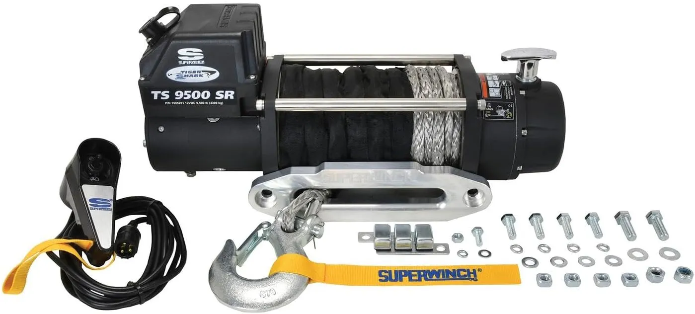 Superwinch 1595201 Tiger Shark 9500SR 12V DC Winch 9,500lb(4,309kg) Single Line Pull with Hawse Fairlead 3/8" x 80' Synthetic Rope Corded Handheld Remote