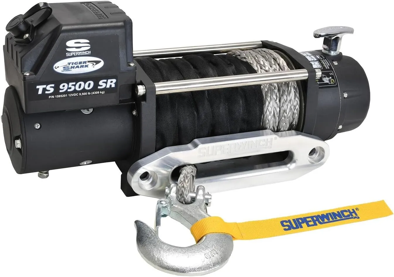 Superwinch 1595201 Tiger Shark 9500SR 12V DC Winch 9,500lb(4,309kg) Single Line Pull with Hawse Fairlead 3/8" x 80' Synthetic Rope Corded Handheld Remote