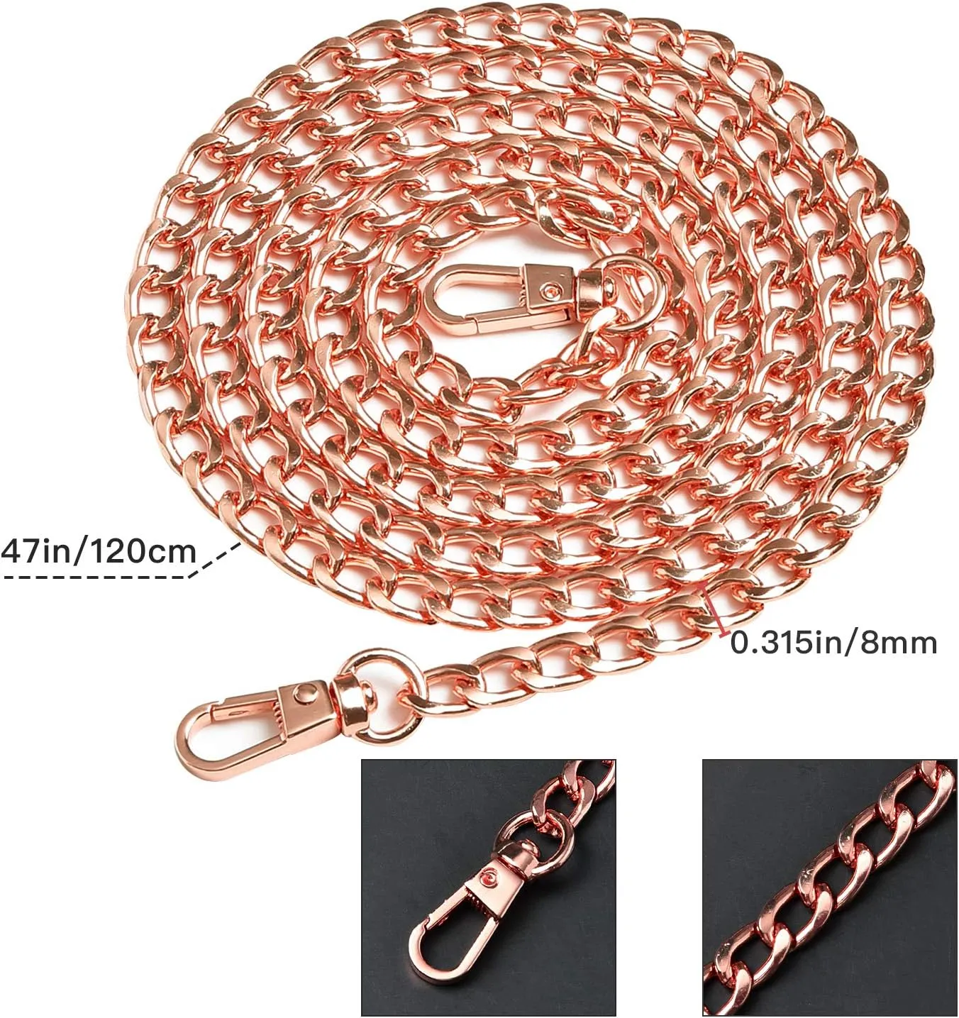 Supkiir Purse Chain Strap, 3Pcs Luxury Fashion 47 Inche Replacement Flat Metal Chain with Buckles Set for DIY Shoulder Cross Body Bag Handbag Purse, Rose Gold