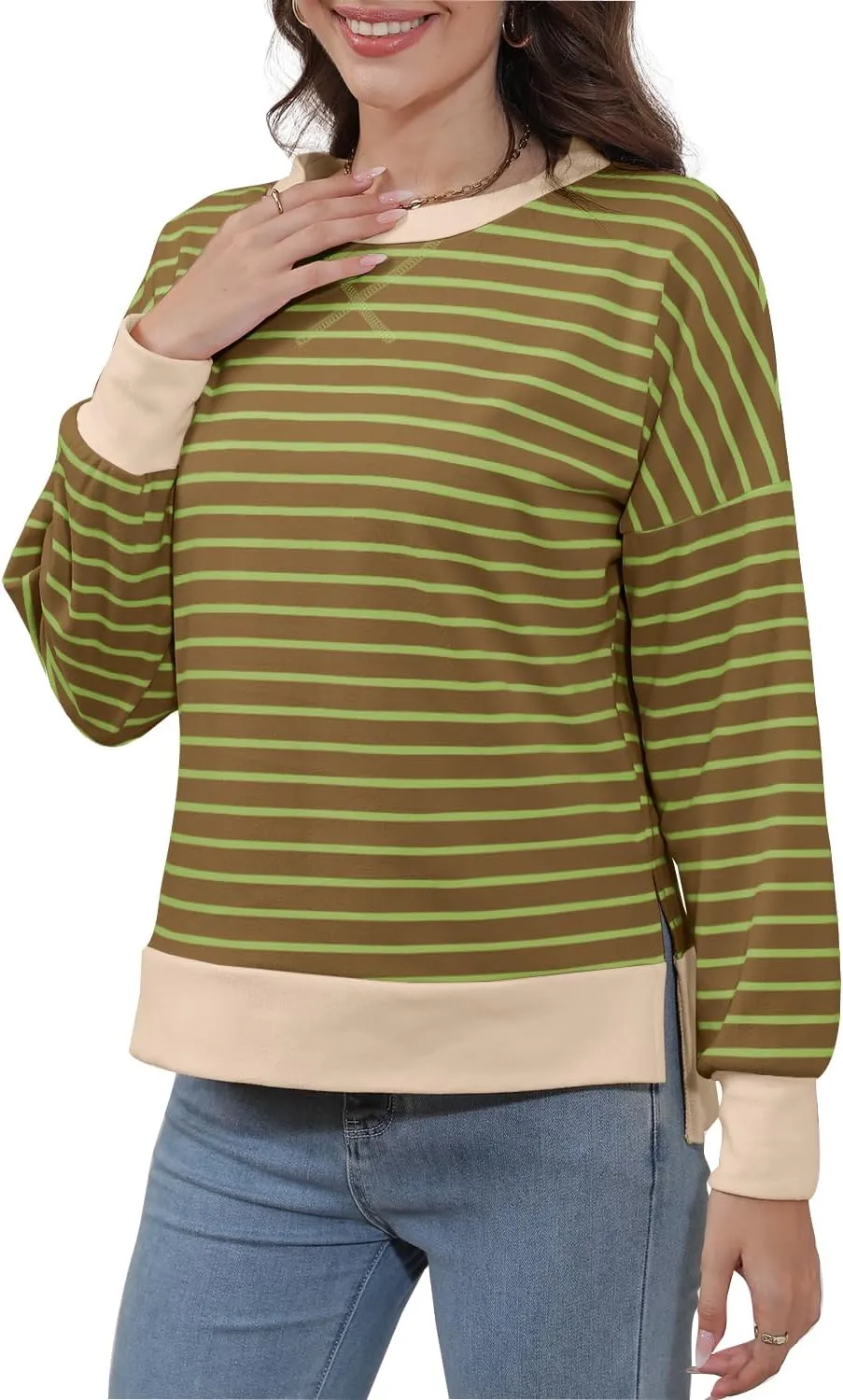 Sweaters for Women Long Sleeve Sweatshirt Fall Fashion 2024 Colorblocking Pullover Striped Sweater Tops