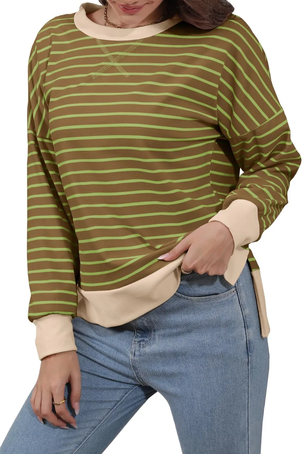 Sweaters for Women Long Sleeve Sweatshirt Fall Fashion 2024 Colorblocking Pullover Striped Sweater Tops