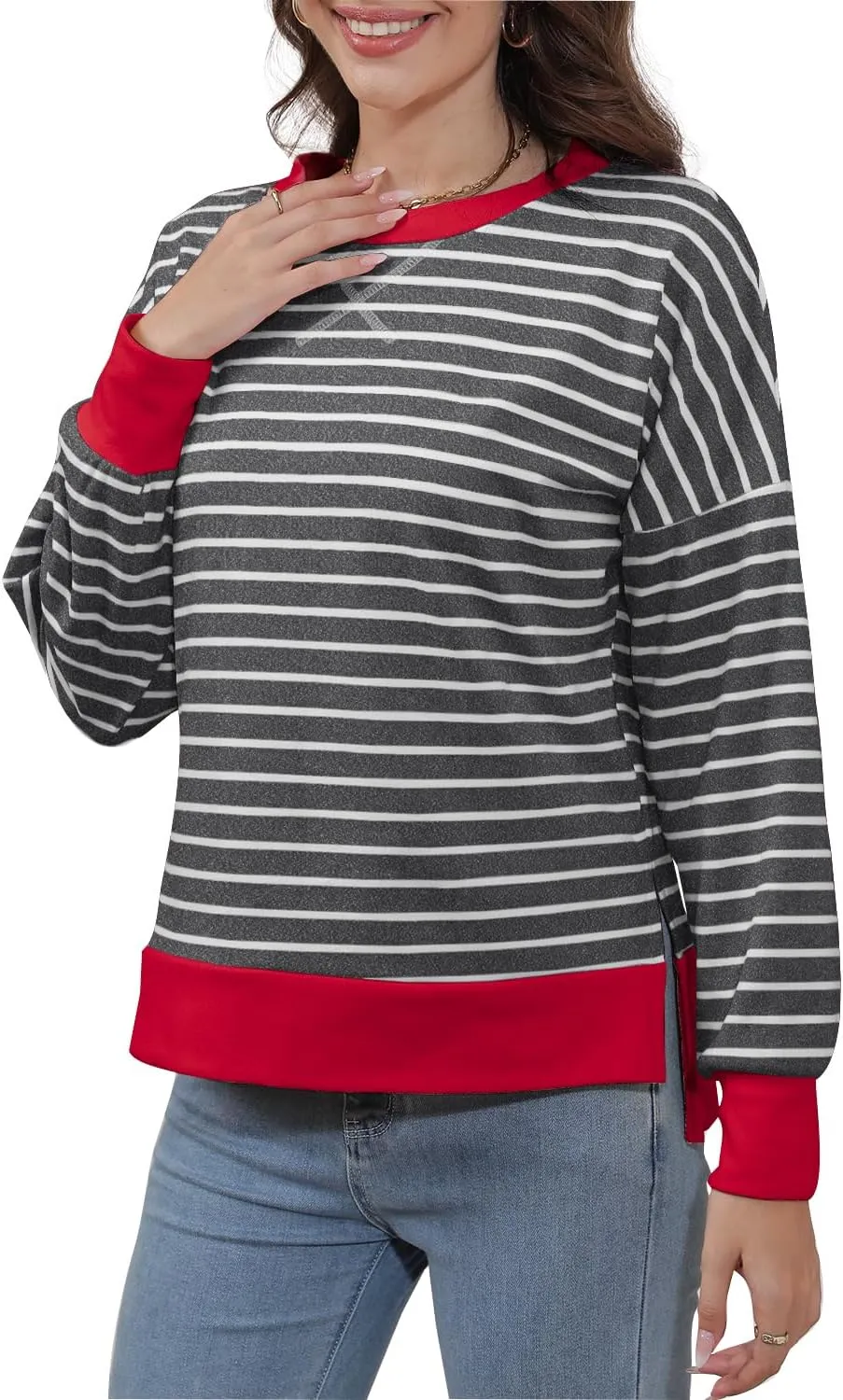 Sweaters for Women Long Sleeve Sweatshirt Fall Fashion 2024 Colorblocking Pullover Striped Sweater Tops