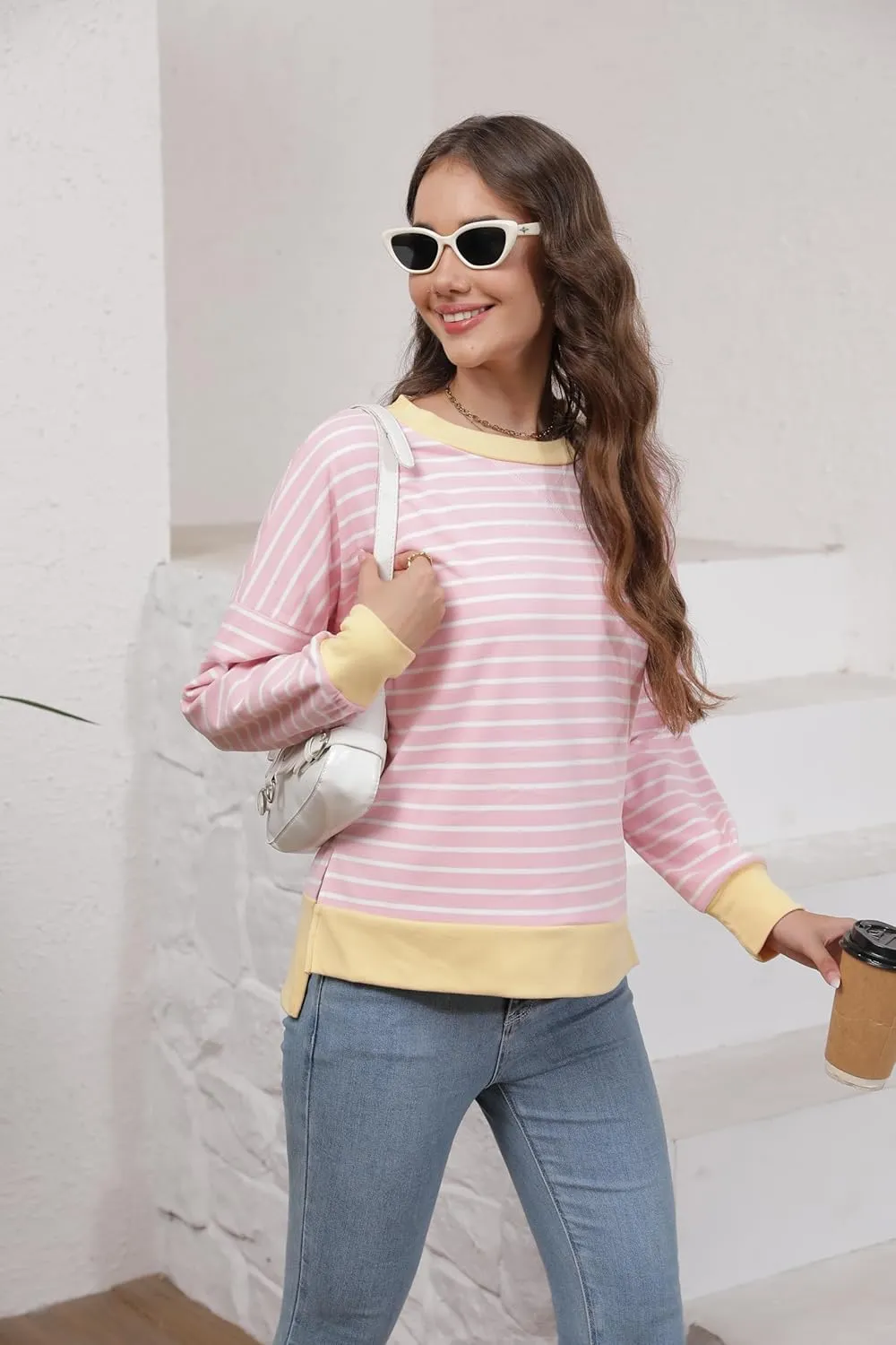 Sweaters for Women Long Sleeve Sweatshirt Fall Fashion 2024 Colorblocking Pullover Striped Sweater Tops