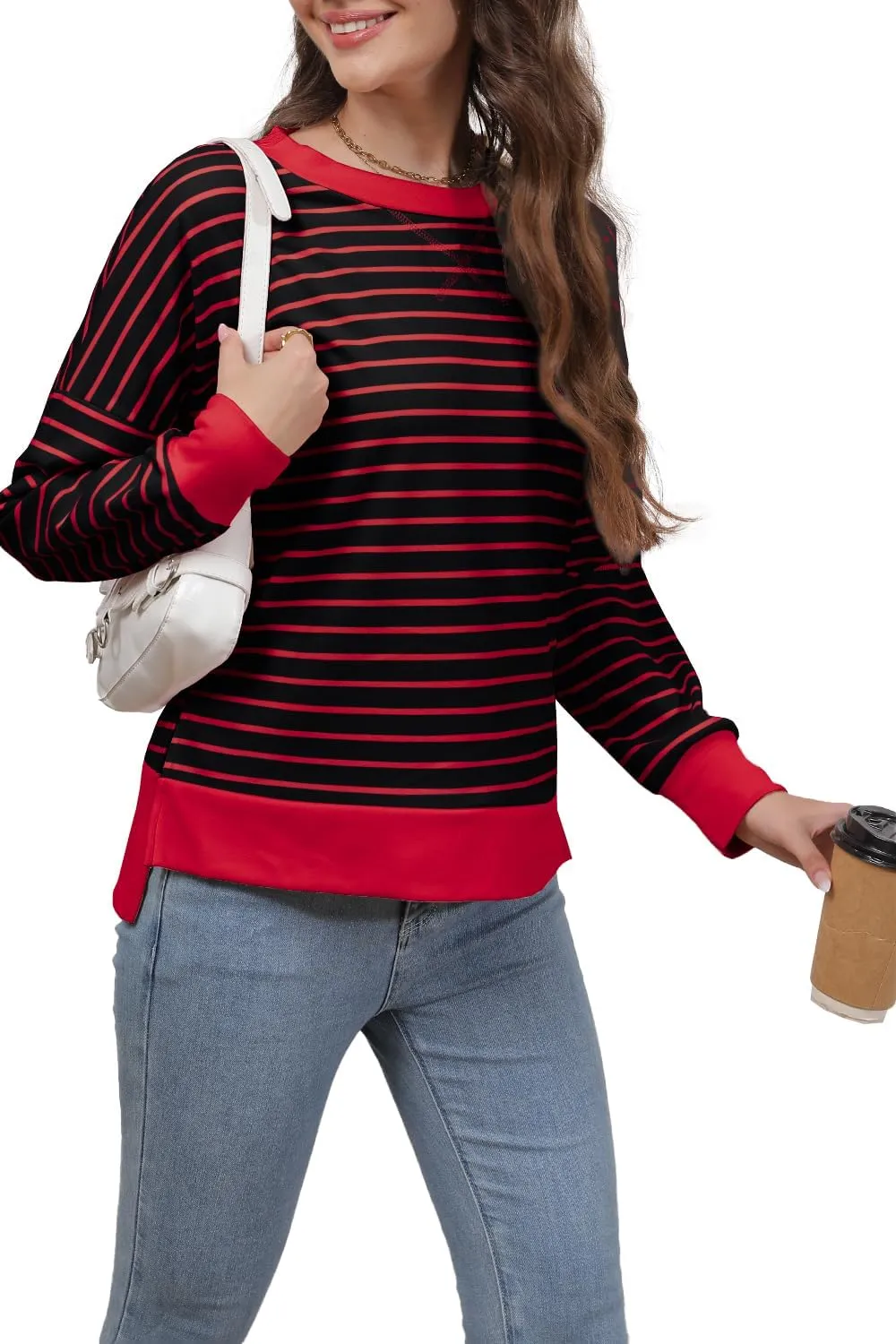 Sweaters for Women Long Sleeve Sweatshirt Fall Fashion 2024 Colorblocking Pullover Striped Sweater Tops