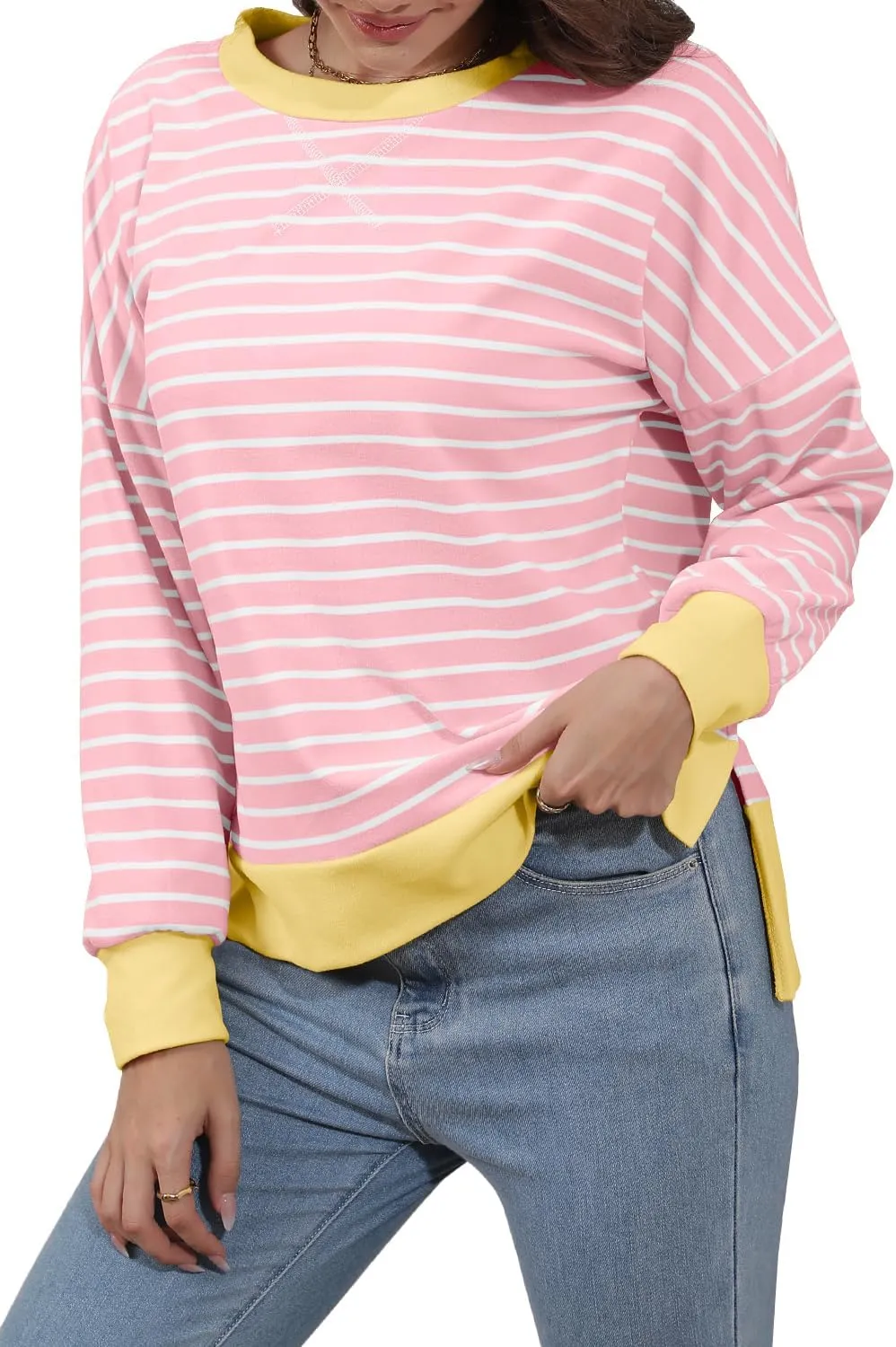 Sweaters for Women Long Sleeve Sweatshirt Fall Fashion 2024 Colorblocking Pullover Striped Sweater Tops