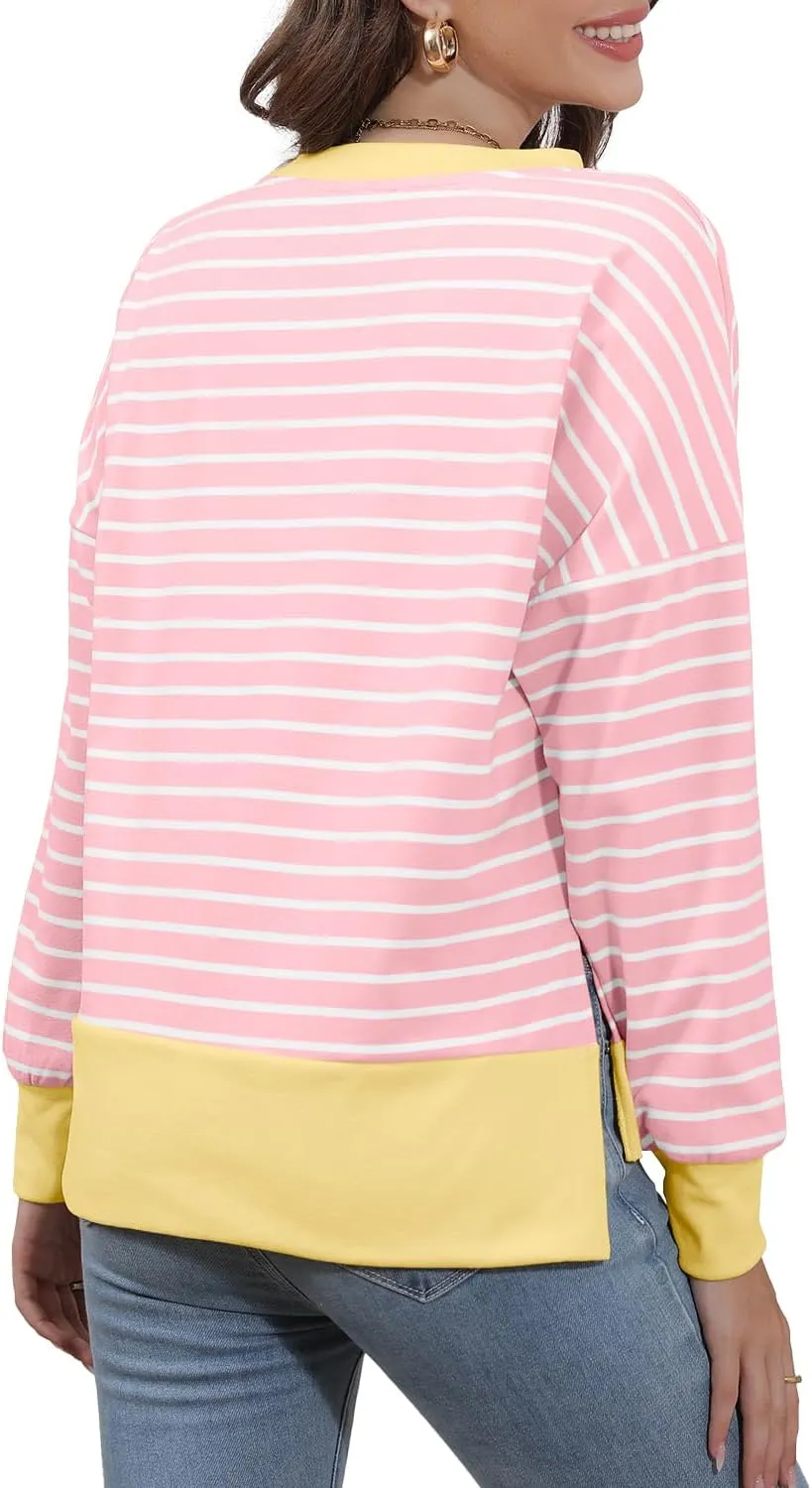Sweaters for Women Long Sleeve Sweatshirt Fall Fashion 2024 Colorblocking Pullover Striped Sweater Tops