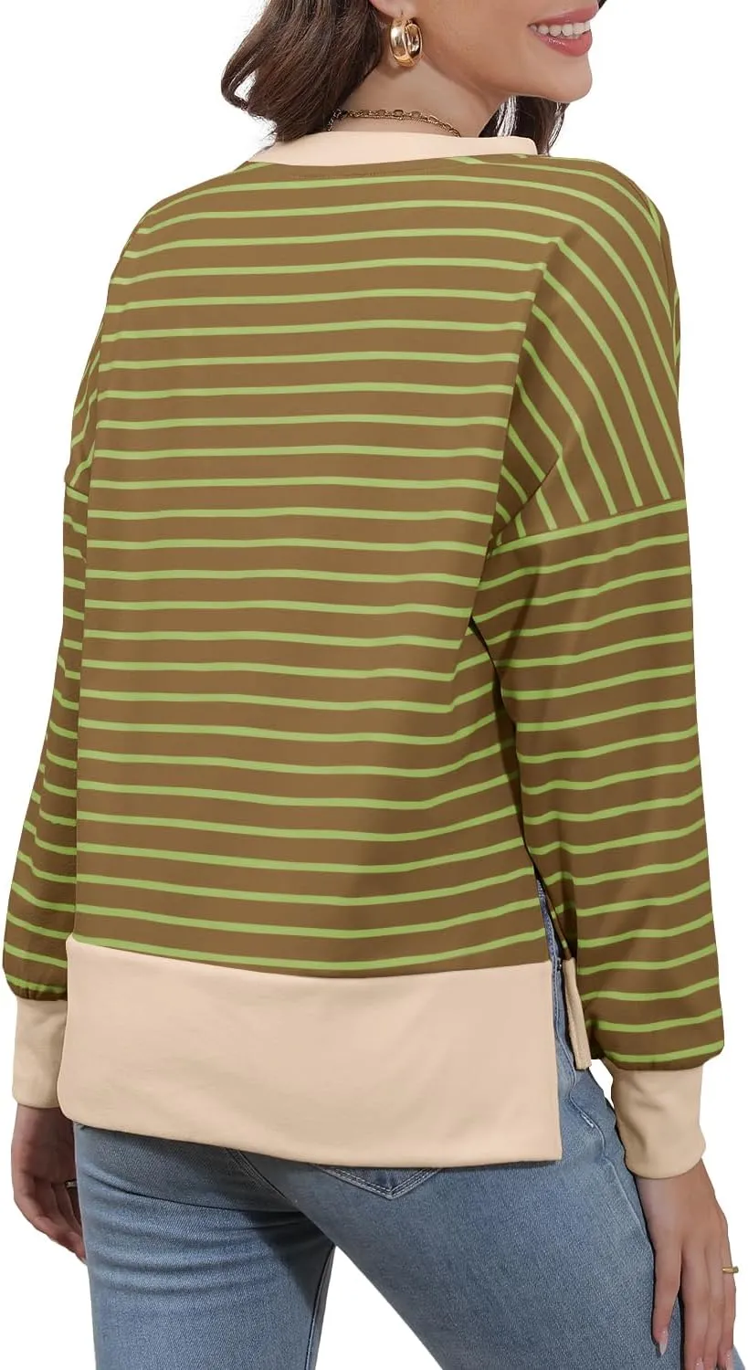 Sweaters for Women Long Sleeve Sweatshirt Fall Fashion 2024 Colorblocking Pullover Striped Sweater Tops
