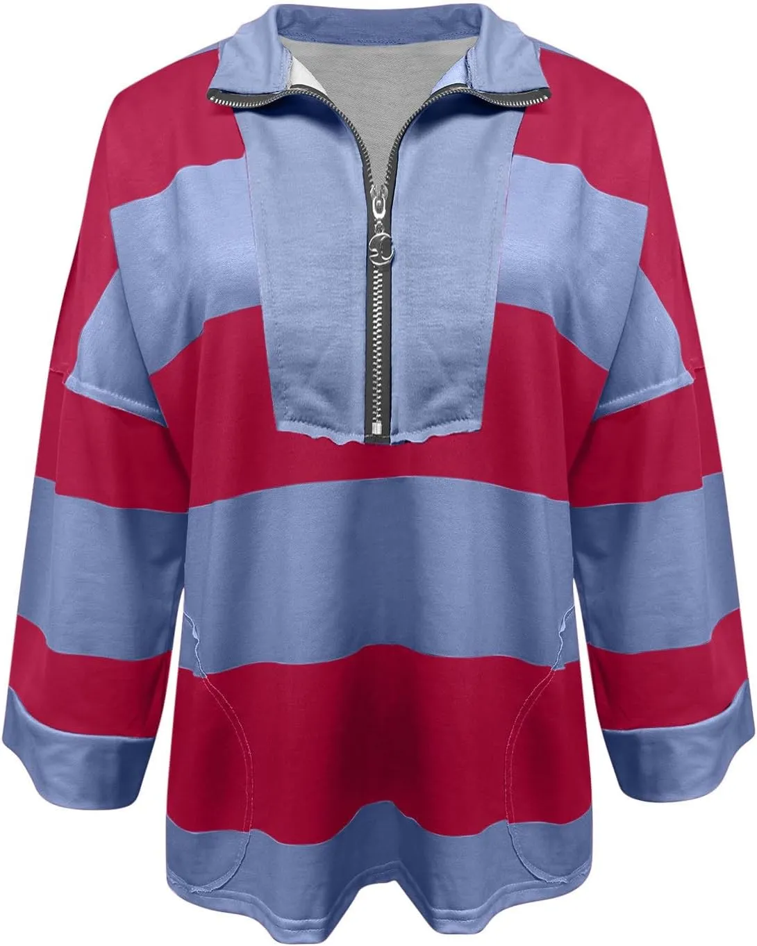 Sweatshirt for Women Trendy V Neck Zipper Striped Graphic Long Sleeve Shirt Plus Size Fall Blouses for Women 2024