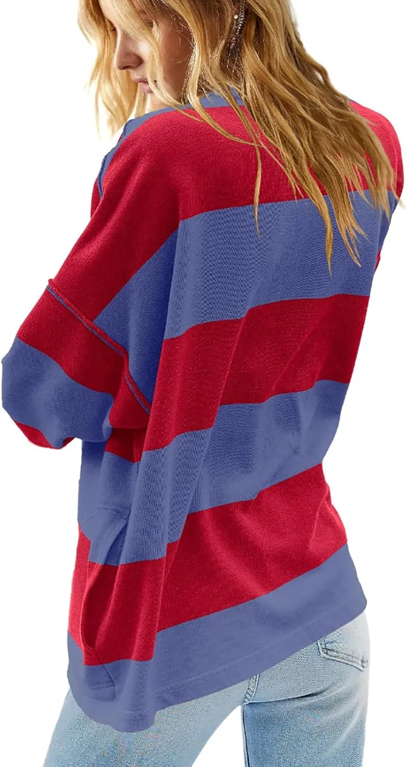 Sweatshirt for Women Trendy V Neck Zipper Striped Graphic Long Sleeve Shirt Plus Size Fall Blouses for Women 2024