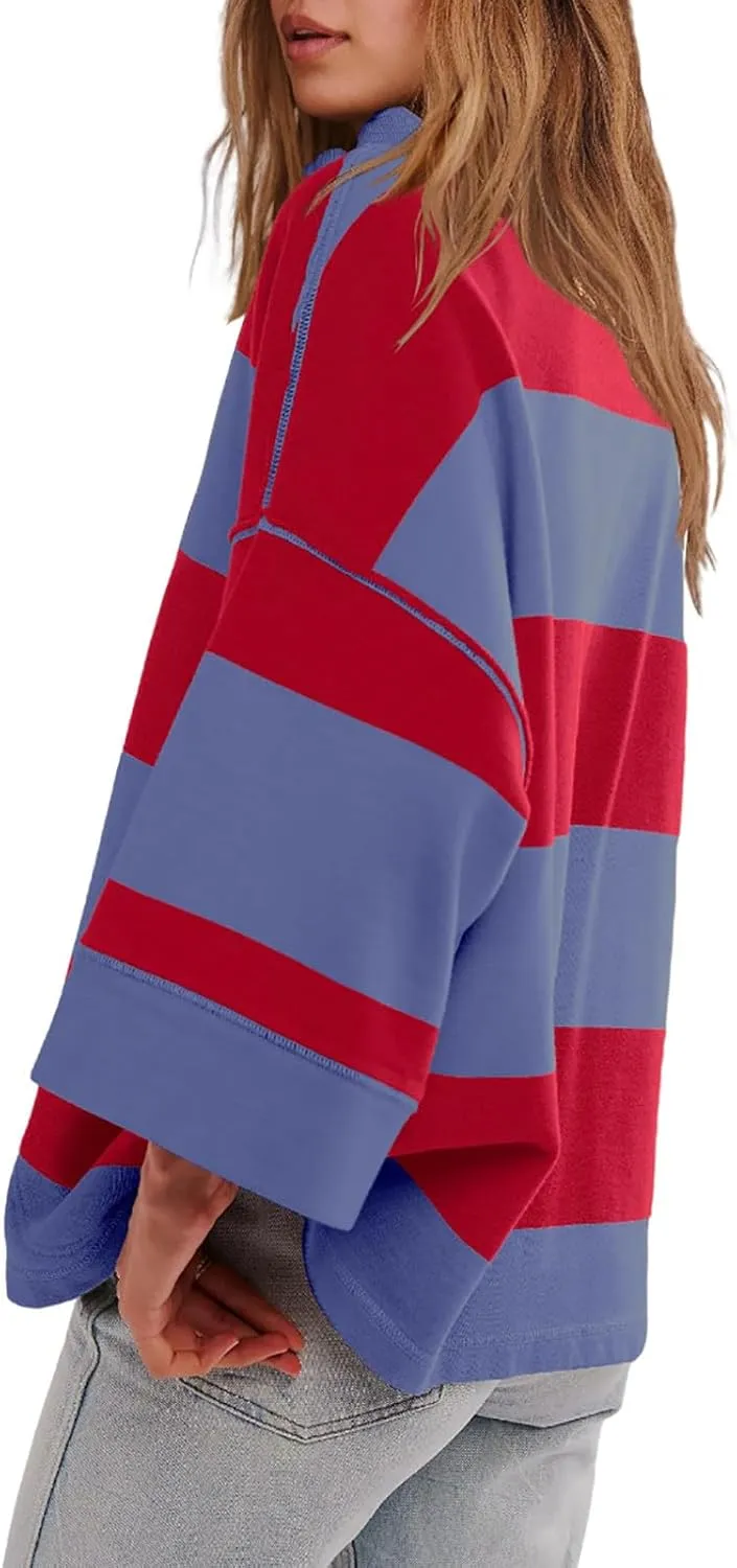 Sweatshirt for Women Trendy V Neck Zipper Striped Graphic Long Sleeve Shirt Plus Size Fall Blouses for Women 2024