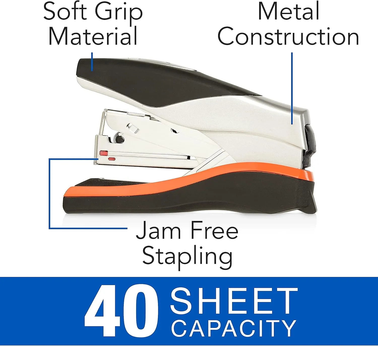 Swingline Stapler, 40 Sheet Capacity, Optima 40, Jam Free, Reduced Effort, Compact, Soft Grip, Metal, Orange, Silver and Black (87842)