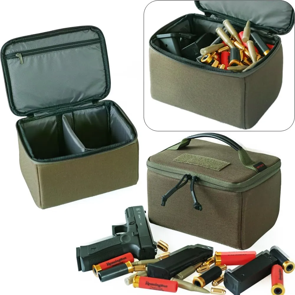 Tactical Ammo Bag Magazine Storage case Detachable Inner Space Ammunition Carrier Pouch with ID Patches Ammos Transportation Bag for Pistol Rifle and Shotgun Range
