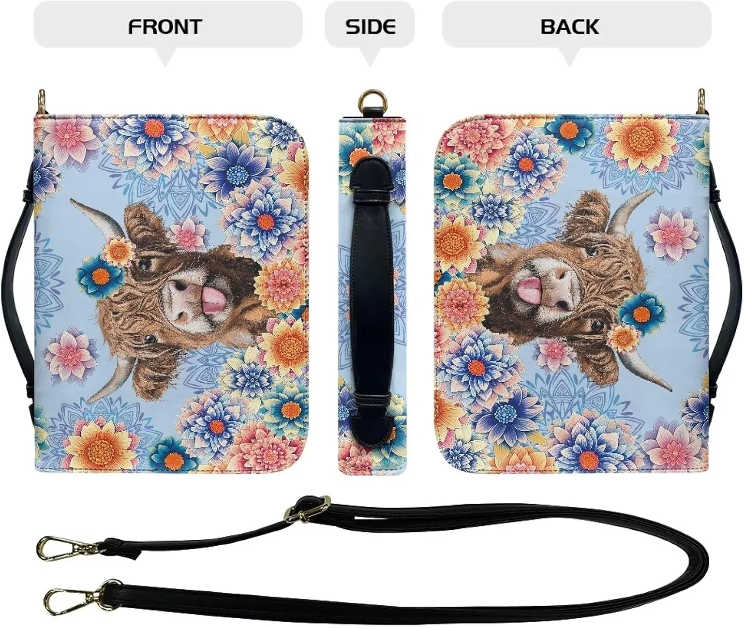 Talayituse Boho Mandala Highland Cattle Print Bible Cover for Women Men PU Leather Bible Case Church Bag with Handle Lightweight Bible Study Tools Christian Tote Bags with Shoulder Strap, L