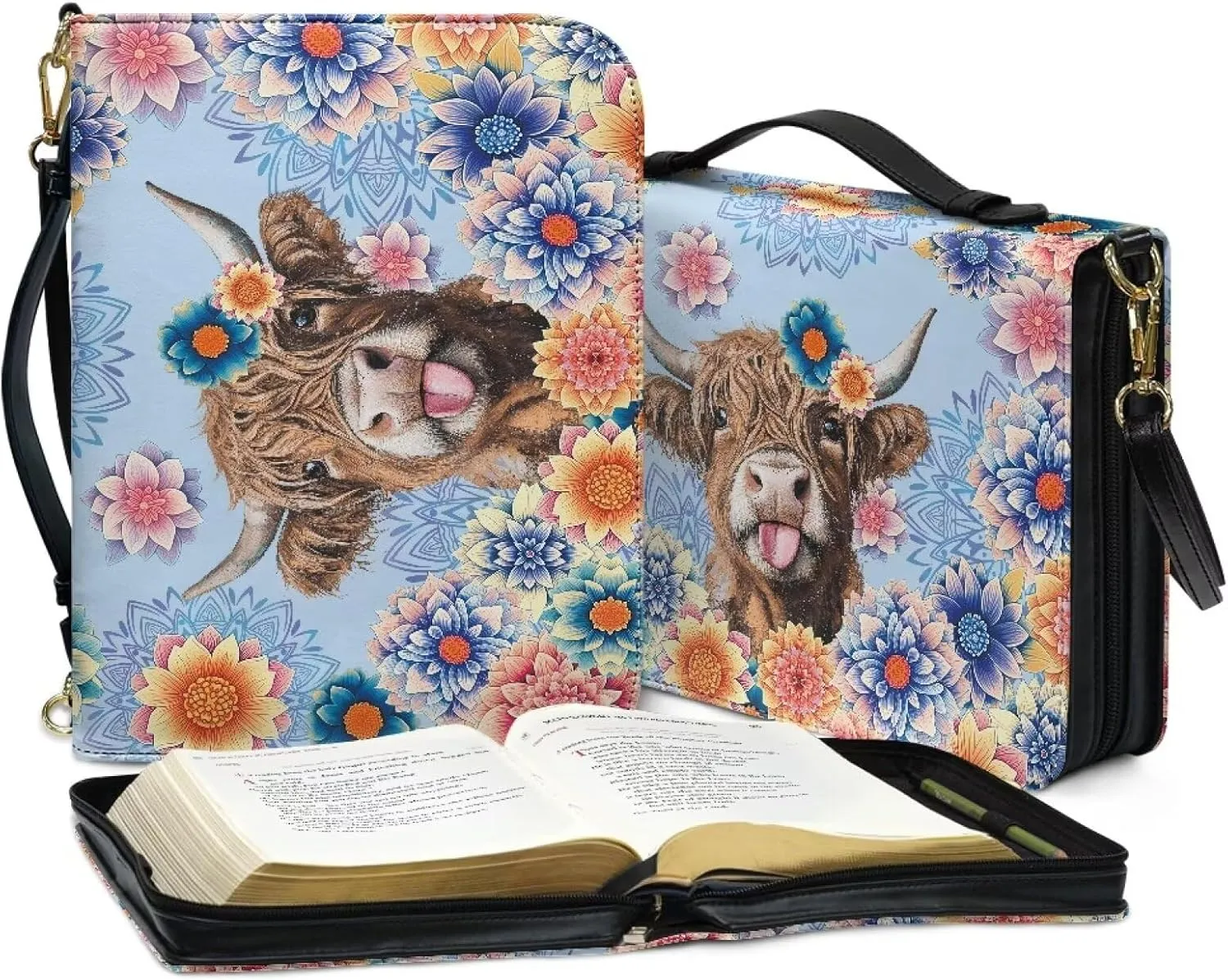 Talayituse Boho Mandala Highland Cattle Print Bible Cover for Women Men PU Leather Bible Case Church Bag with Handle Lightweight Bible Study Tools Christian Tote Bags with Shoulder Strap, L