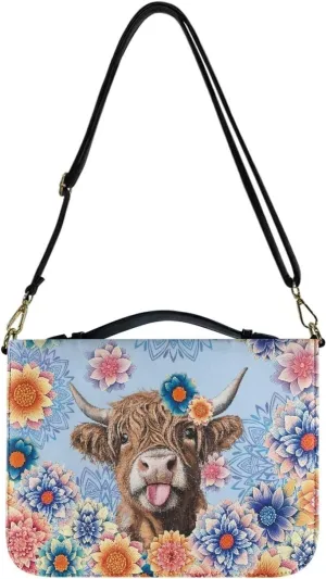 Talayituse Boho Mandala Highland Cattle Print Bible Cover for Women Men PU Leather Bible Case Church Bag with Handle Lightweight Bible Study Tools Christian Tote Bags with Shoulder Strap, L