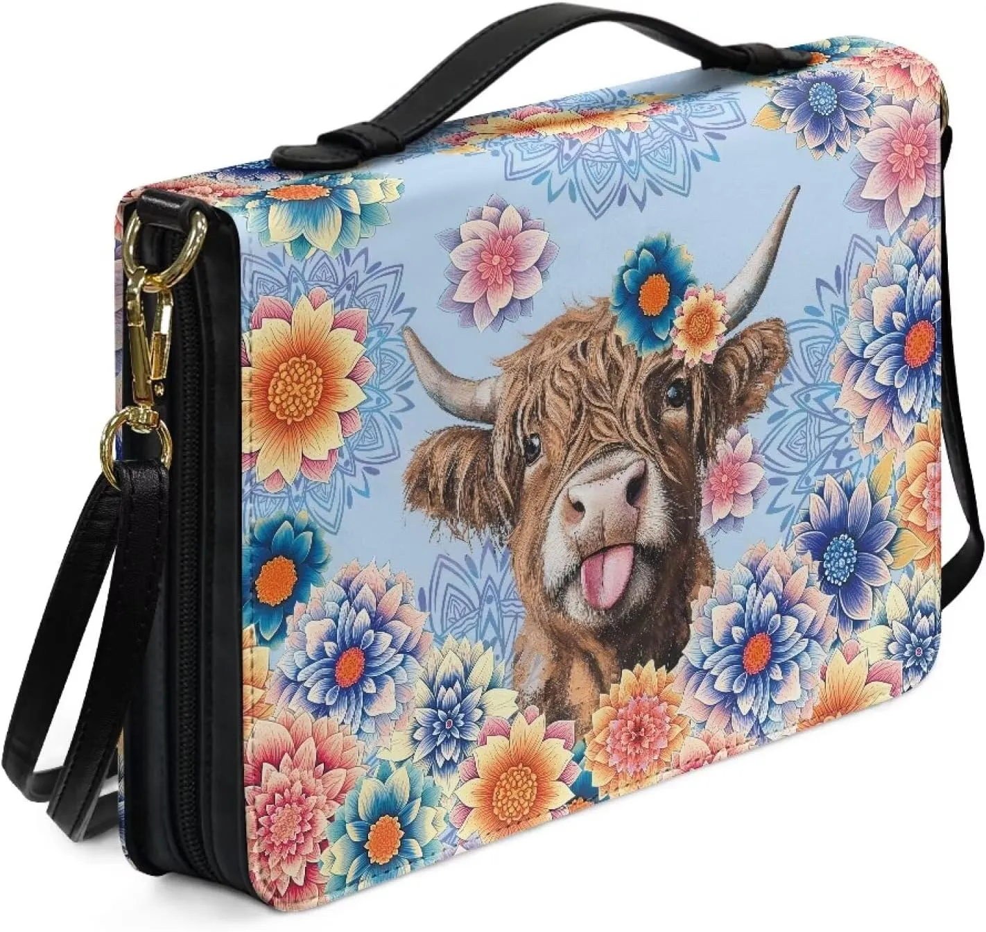 Talayituse Boho Mandala Highland Cattle Print Bible Cover for Women Men PU Leather Bible Case Church Bag with Handle Lightweight Bible Study Tools Christian Tote Bags with Shoulder Strap, L