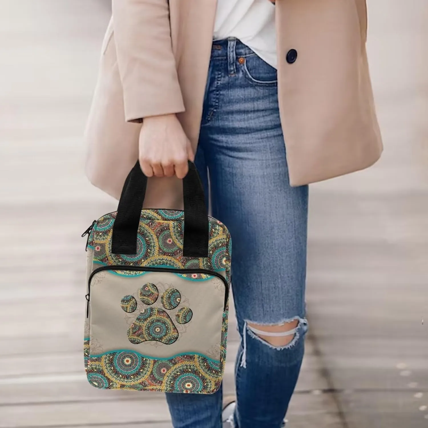 Talayituse Boho Mandala Print Bible Covers for Women Girl Dog Paw Design Bible Case Carrying Tote Bag Scripture Handbag Church Bag Bible Protector with Top Handle and Front Zipper Pocket