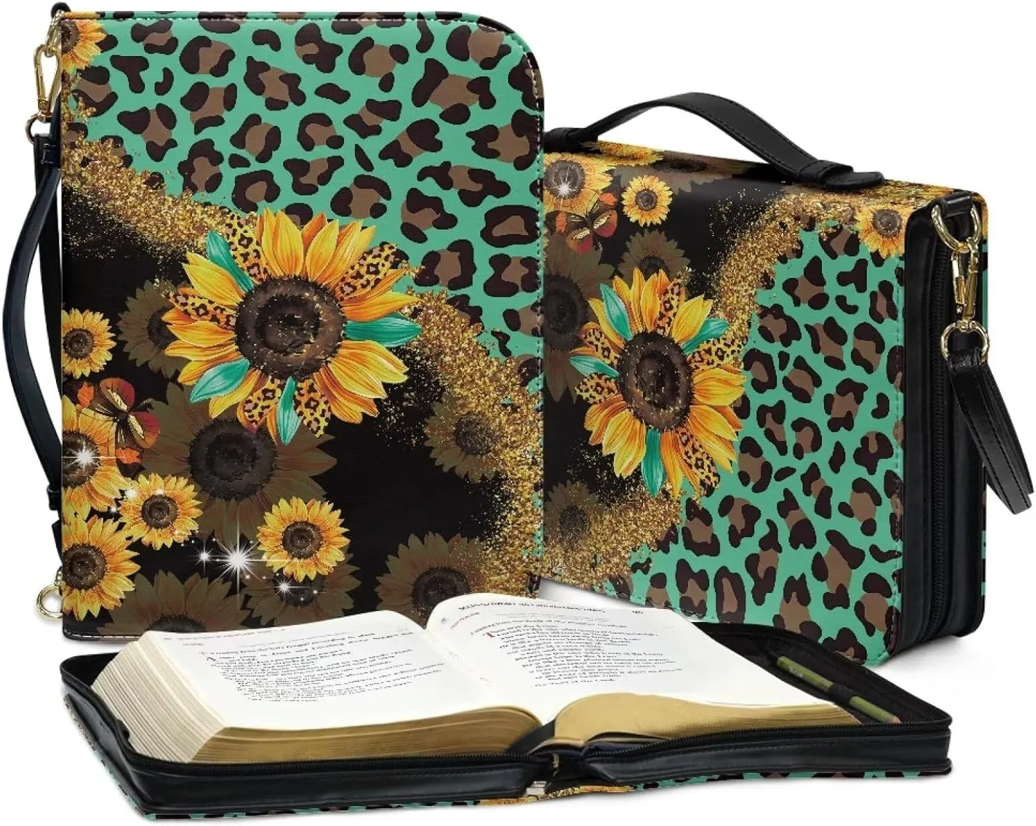 Talayituse Sunflower Leopard Pattern Bible Cover with Shoulder Strap PU Leather Makeup Organizer Expand Brief Case Journal Case Christian Purses Handbags with Handle for Women Men, L